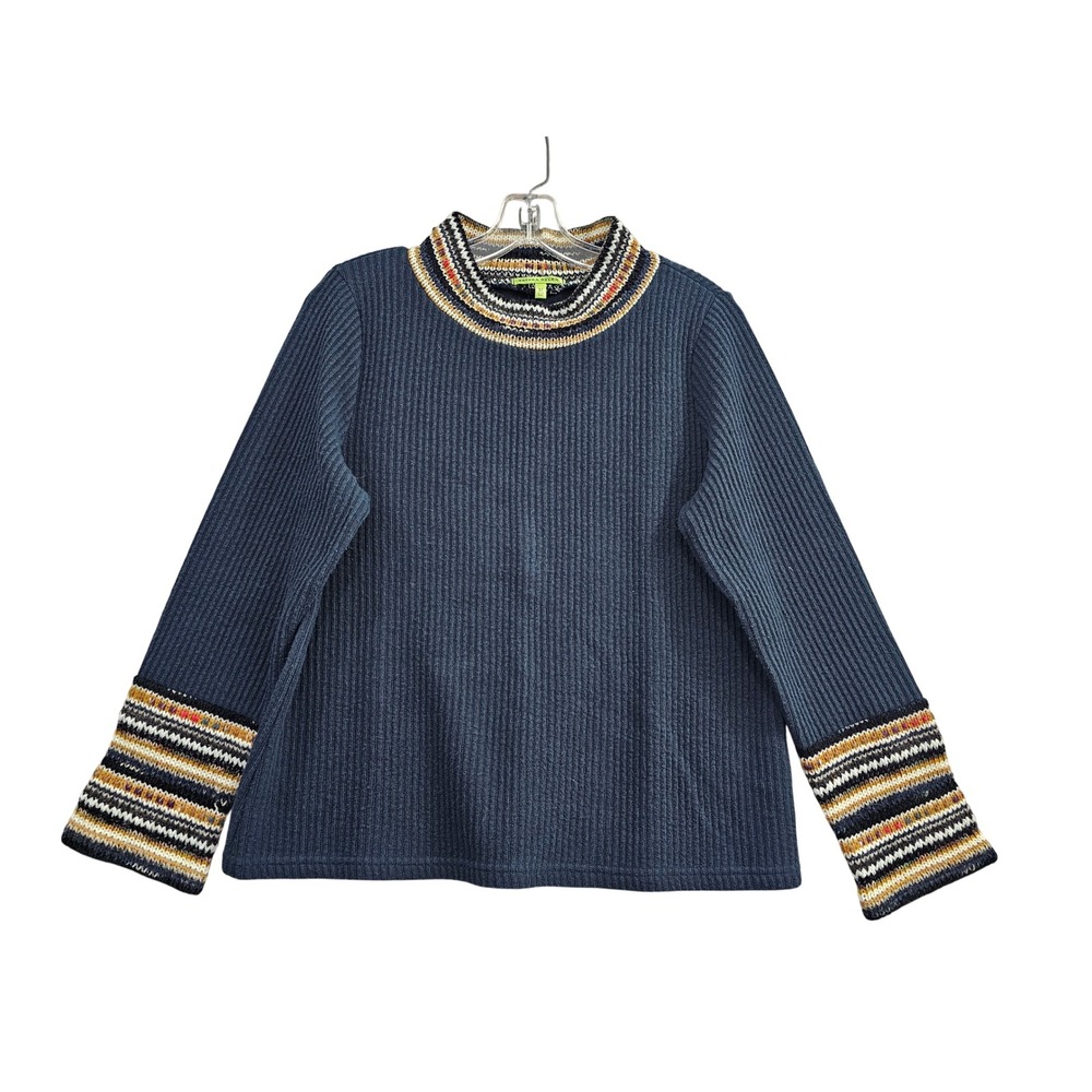 Trisha Tyler Sweater Womens Medium Blue Ribbed Mock Neck Fair Isle Trim TT12000